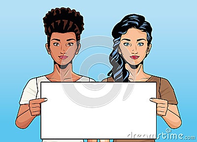 Young women characters lifting banner pop art style Vector Illustration