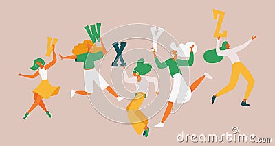 Young women dancing with english capital letters V W X Y Z. Concept educational illustration Cartoon Illustration