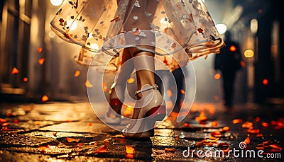 Young women dancing outdoors in the rain, celebrating joyfully generated by AI Stock Photo