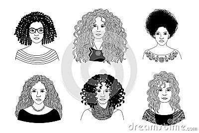 Young women with different types of curly hair Vector Illustration