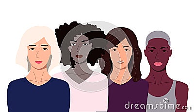 Young women diverse faces ethnic poster. Women of different nationalities and cultures stand side by side. Vector Illustration