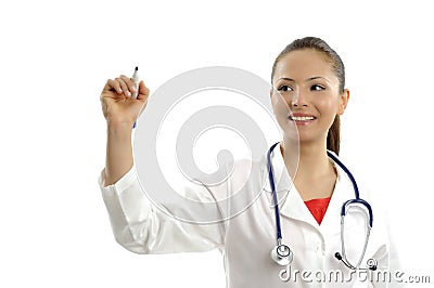 Young women doctor writing on whiteboard. Stock Photo