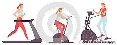 Young women are doing exercises on cardio machines. Treadmill ellipse exercise bike. Healthy lifestyle. Characters isolated on Vector Illustration