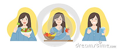 Young women eating salads, eating fresh fruit and drinking water from glass. Vector Illustration