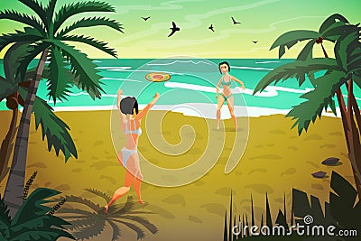 Young women are engaged in sports on the beach. Girls in a bikini throw a flying disk along the seashore. Flat cartoon vector ill Vector Illustration