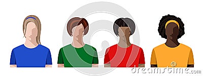 Young women, girls of different races, skin colors and hair in colorful T-shirts. Avatars portraits Vector Illustration