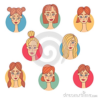 Young women girls avatars portrait collection vector set Vector Illustration