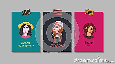 Young women greeting cards. Naive style vector. Part three. Vector Illustration