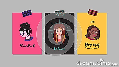 Young women greeting cards. Naive style vector. Part two Vector Illustration