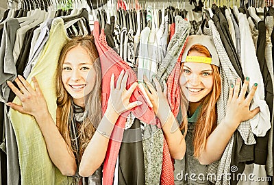 Young women having fun at flea market - Girls best friends Stock Photo