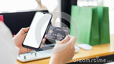 Young women hold credit cards and use laptop computers and mobile telephones to shop online, e-commerce, internet banking, spend m Stock Photo