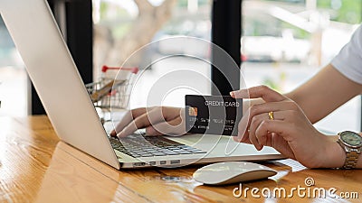 Young women hold credit cards and use laptop computers and mobile telephones to shop online, e-commerce, internet banking, spend m Stock Photo