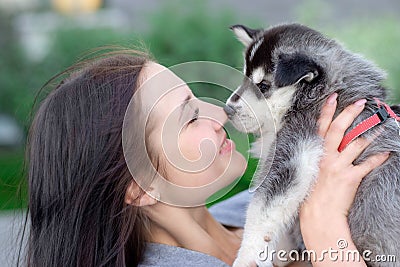 Young women holds her best friend little pet puppy of husky in her arms. love for dogs Stock Photo