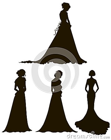 Young women in long dresses silhouettes. Brides. Outline. Vector Illustration