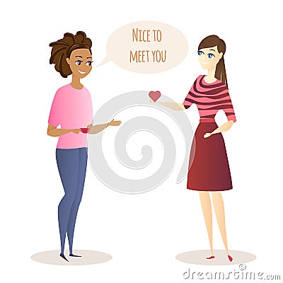 Young Women Meeting and Friendly Conversation. Vector Illustration