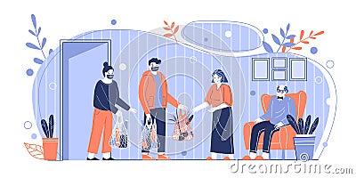 Young women and men help older people and bring home food for them. Caring for elderly pensioners during quarantine Vector Illustration