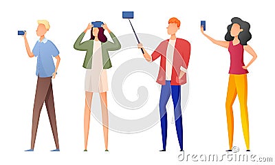 Young women and men making selfie on smartphones vector illustration Vector Illustration