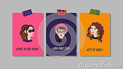 Young women greeting cards. Naive style vector. Part five. Vector Illustration