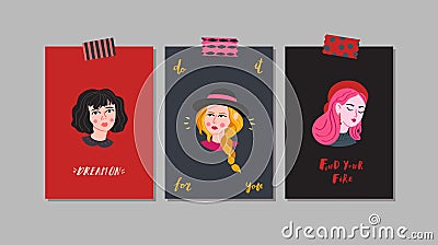 Young women greeting cards. Naive style vector. Part one. Vector Illustration