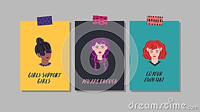 Young women greeting cards. Naive style vector. Part six. Vector Illustration