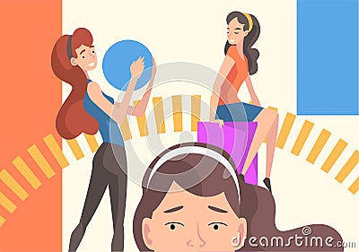Young Women Organizing Colorful Abstract Geometric Shapes, Girls Holding Different Figures Vector Illustration Vector Illustration