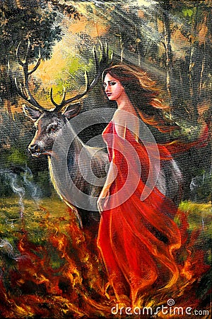 A young women in red burning dress stand with a deer against the forest. Oil painting. Stock Photo
