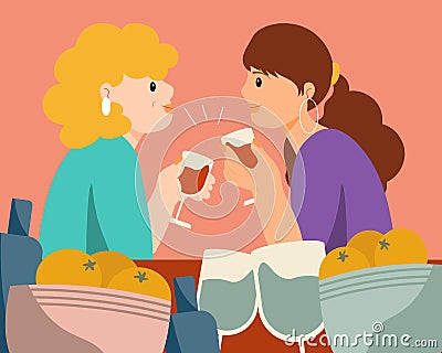 Young women relax with glasses of wine and fruits, bachelorette party. Cartoon illustration, clip art Vector Illustration