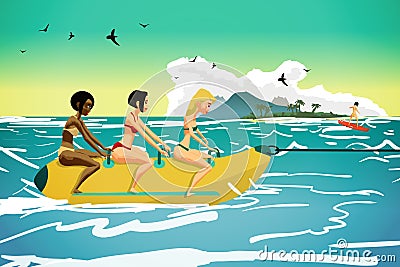 Young women ride a banana. Girls in the summer on the beach. Fla Vector Illustration