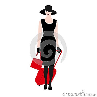 The Young women silhouette, walking with the red suitcase. Stylish chic lady in a hat. Travel luggage vacation trip Vector Illustration