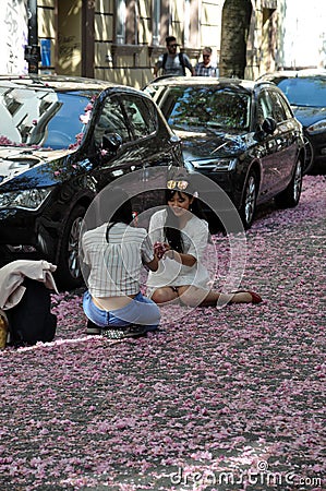 Young women sitting on road covered with red rose cherry blossoms Editorial Stock Photo