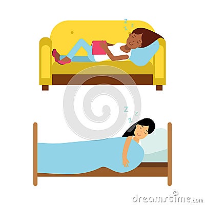 Young women sleeping set. Girls lying under blanket in bed asleep at night and relaxing on sofa cartoon vector Vector Illustration