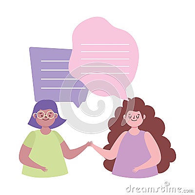 Young women speech bubbles dialogue cartoon isolated white background Vector Illustration