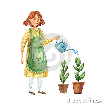 Young women take care of plants. Watercolor illustration of a girl gardener in a yellow dress watering flowers. Cartoon Illustration