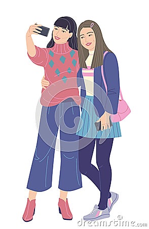 Young Women Taking Selfie Photo on Smartphone Vector Illustration