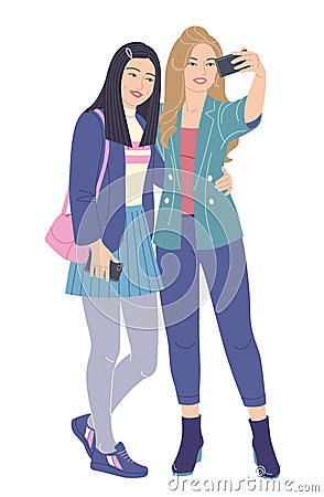 Young Women Taking Selfie Photo on Smartphone Vector Illustration