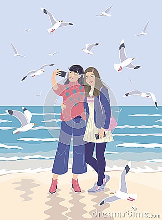 Young Women Taking Selfie Photo on Smartphone at the Sea Coast Vector Illustration