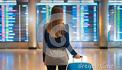 Young women tourist looking at flight schedule for travel. Portrait in back view. Generative ai Stock Photo