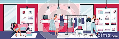 Young women try on dresses and shoes in clothing boutique. Vector flat cartoon illustration of fashion store interior Vector Illustration