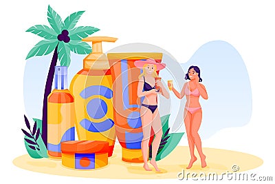 Young women use sunblock cosmetic. Summer face and body solar protection care concept. Vector characters illustration Vector Illustration
