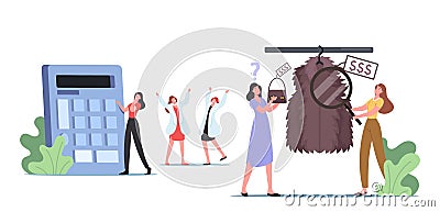 Young Women Watching Expensive Clothes Fur coat and Bags Assortment at Store. Girls Choose Brand Dresses at Market Vector Illustration