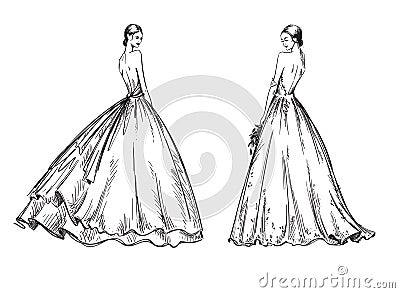Young women wearing wedding dresses. Bridal look fashion illustration Vector Illustration