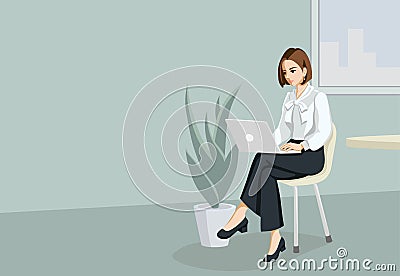 Young women at work. three scenes.characters set.Young women using Laptops, copy space. Vector Illustration