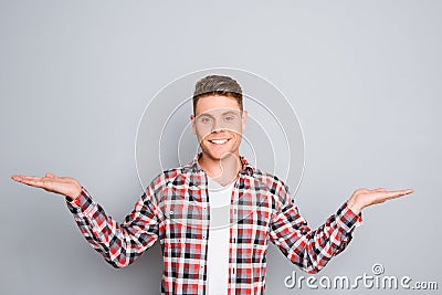 Young worker making presentation of two different options Stock Photo