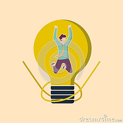 Young worker is very happy. He jumps and gets Idea, solution, thinking on Electric lamp. Creative idea and inspiration concept. Vector Illustration