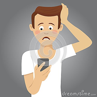 Young worried man holding smartphone received bad message Vector Illustration