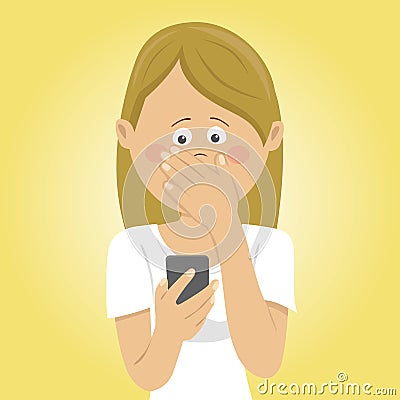 Young worried woman holding mobile phone received bad message covering mouth with her hand Vector Illustration