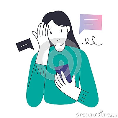 Young worried woman reading bad news in her social media feed, concerned person with worried face expression, vector Vector Illustration