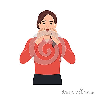 Young worried woman teenager character standing yelling shouting or screaming with hands on mouth Vector Illustration