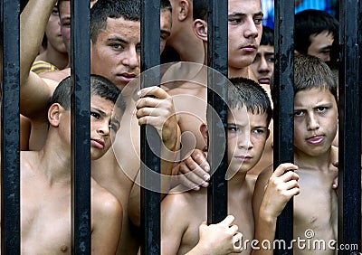 Young wrestlers wait to be let into the arena at the Kirkpinar Turkish Oil Wrestling Festival at Edirne in Turkey. Editorial Stock Photo