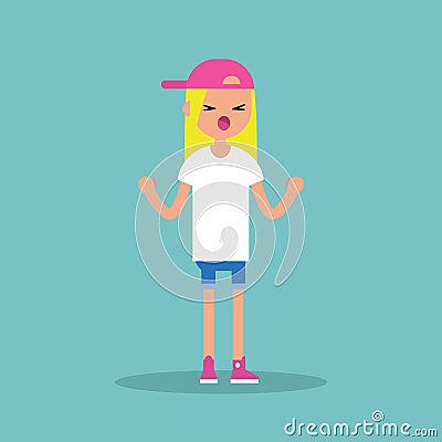 Young yelling furious girl with clenched fists Cartoon Illustration